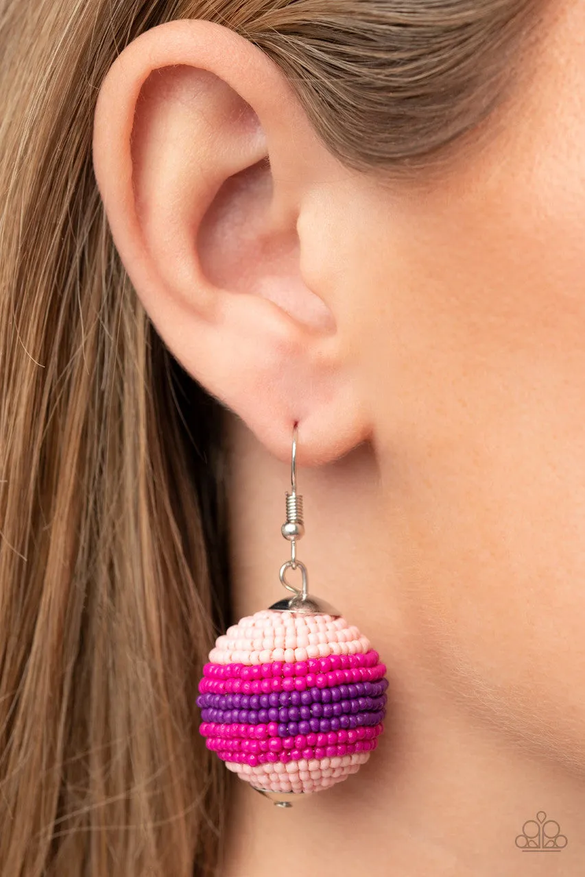 Zest Fest - Pink - Seed Bead Striped Ball Paparazzi Fishhook Earrings
